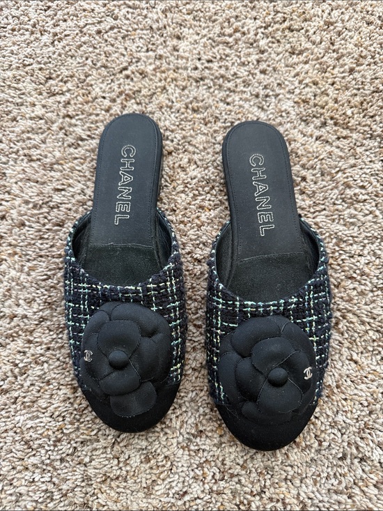 CHANEL Shoes - CHANEL Black Tweed Camellia Mule Slides